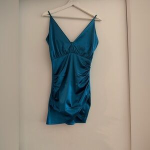 Double crazy Teal party bodycon Sleeveless Ruched miniDress size slit size S